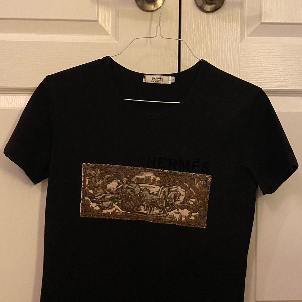 Hermès Black T-Shirt with Brown Graphic